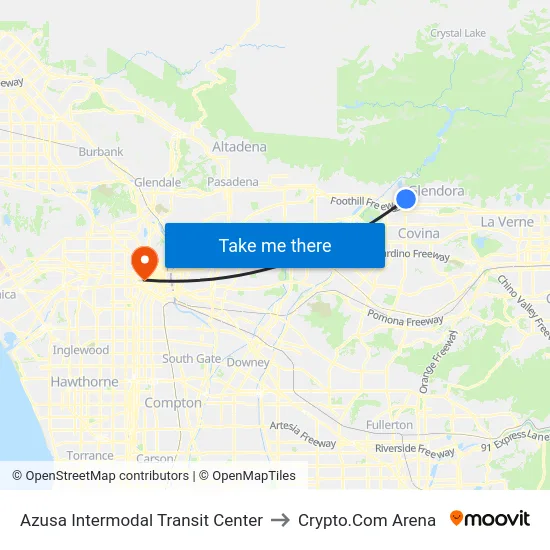 Azusa Intermodal Transit Center to Crypto.Com Arena map