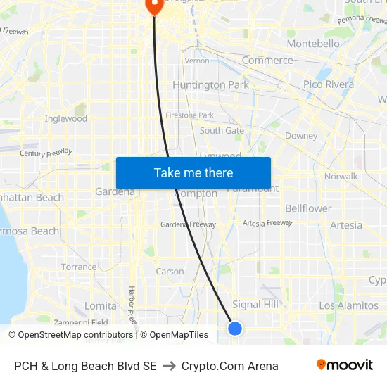 PCH & Long Beach Blvd SE to Crypto.Com Arena map