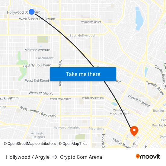 Hollywood / Argyle to Crypto.Com Arena map
