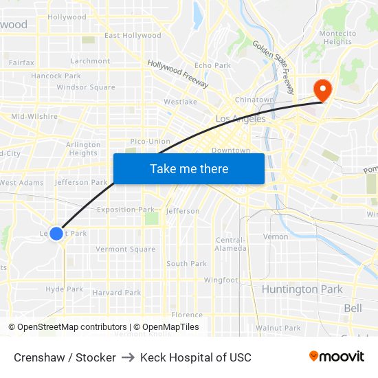 Crenshaw / Stocker to Keck Hospital of USC map