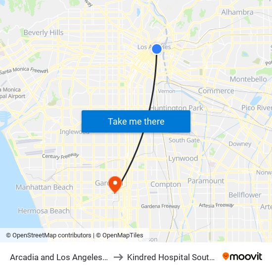 Arcadia and Los Angeles St W to Kindred Hospital South Bay map