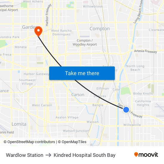 Wardlow Station to Kindred Hospital South Bay map