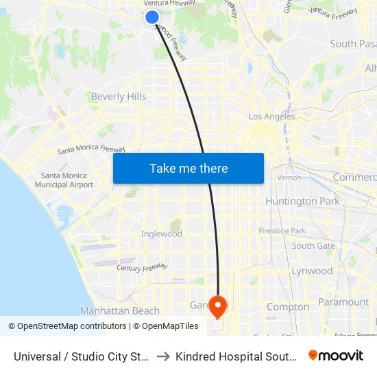 Universal / Studio City Station to Kindred Hospital South Bay map