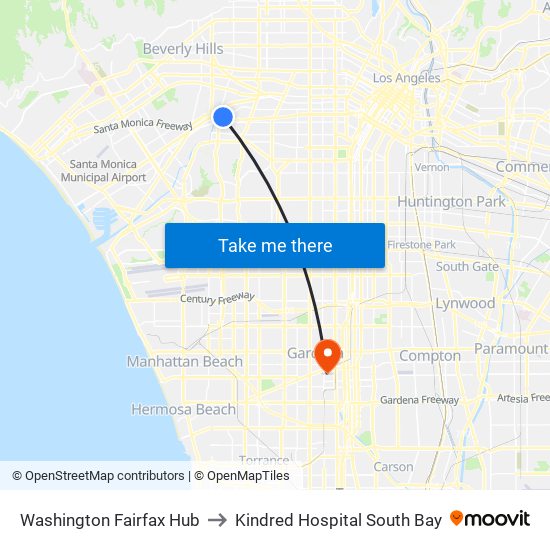 Washington Fairfax Hub to Kindred Hospital South Bay map