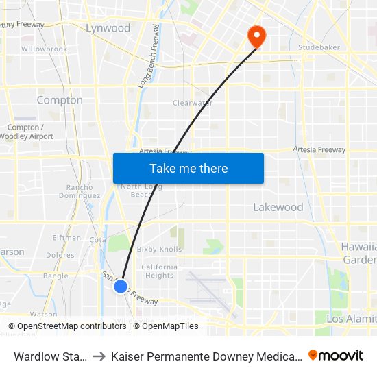 Wardlow Station to Kaiser Permanente Downey Medical Center map