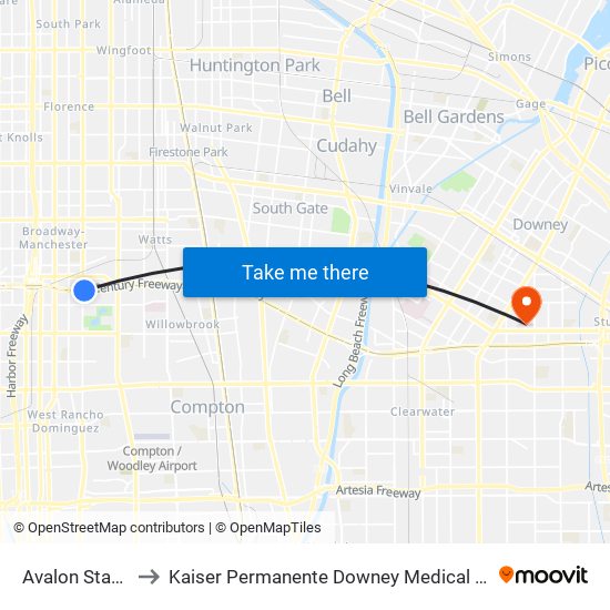 Avalon Station to Kaiser Permanente Downey Medical Center map