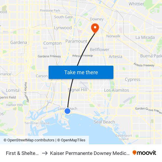 First & Shelter C N to Kaiser Permanente Downey Medical Center map