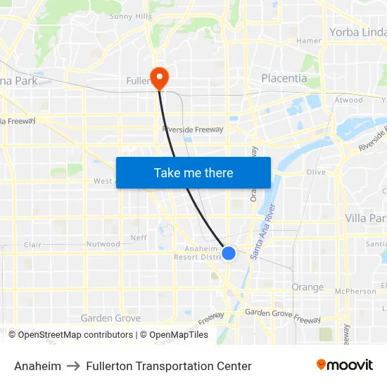 Anaheim to Fullerton Transportation Center map