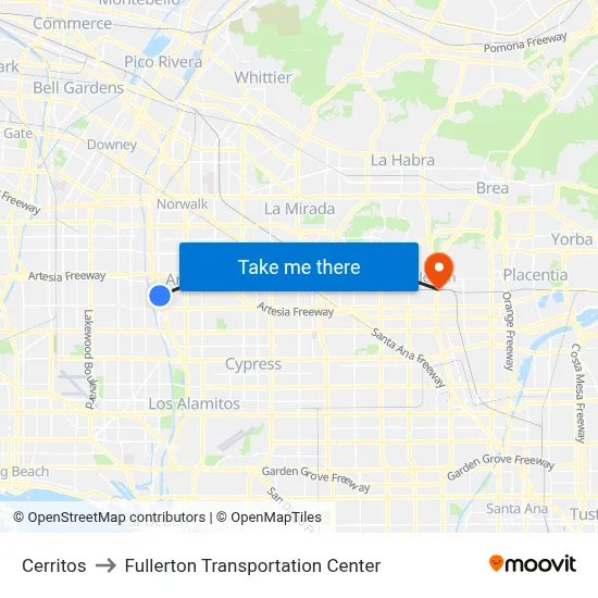 Cerritos to Fullerton Transportation Center map