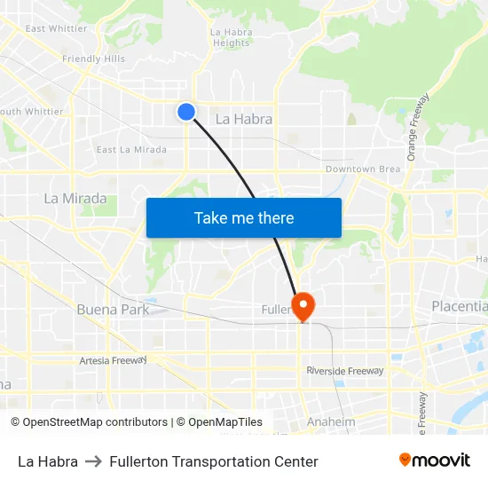 La Habra to Fullerton Transportation Center map