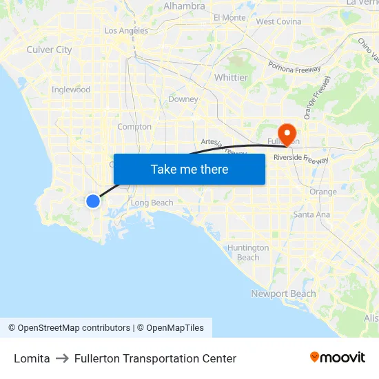 Lomita to Fullerton Transportation Center map