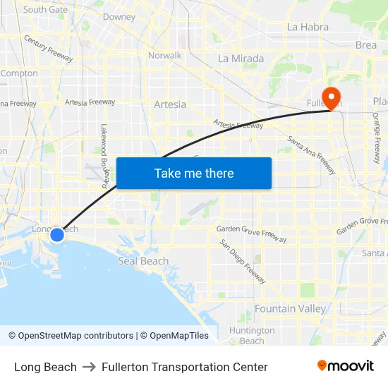 Long Beach to Fullerton Transportation Center map
