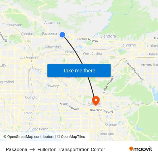 Pasadena to Fullerton Transportation Center map