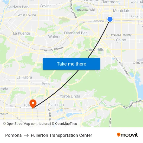 Pomona to Fullerton Transportation Center map