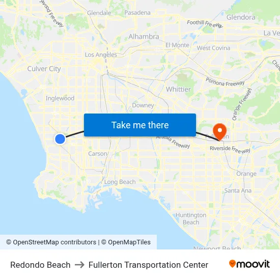 Redondo Beach to Fullerton Transportation Center map