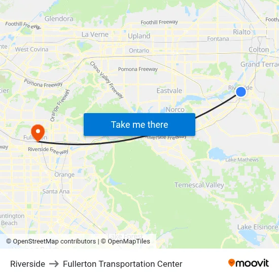 Riverside to Fullerton Transportation Center map