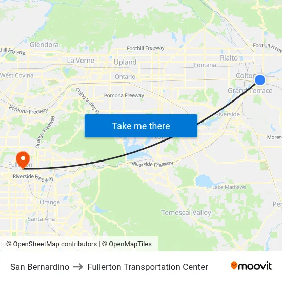 San Bernardino to Fullerton Transportation Center map