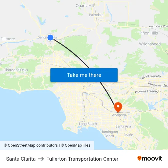 Santa Clarita to Fullerton Transportation Center map