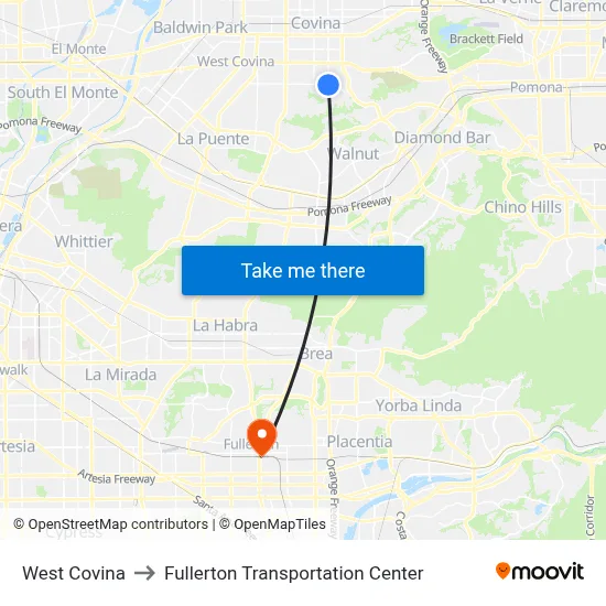 West Covina to Fullerton Transportation Center map