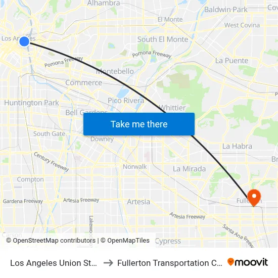 Los Angeles Union Station to Fullerton Transportation Center map