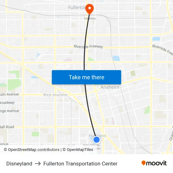 Disneyland to Fullerton Transportation Center map