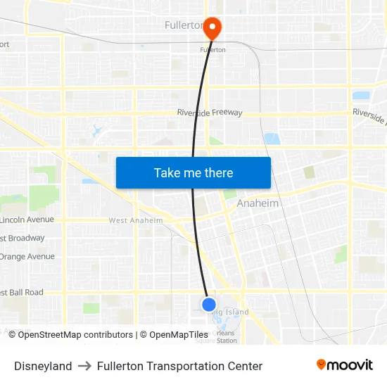 Disneyland to Fullerton Transportation Center map