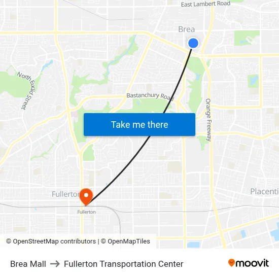 Brea Mall to Fullerton Transportation Center map
