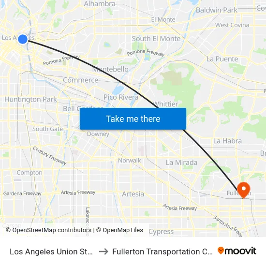 Los Angeles Union Station to Fullerton Transportation Center map