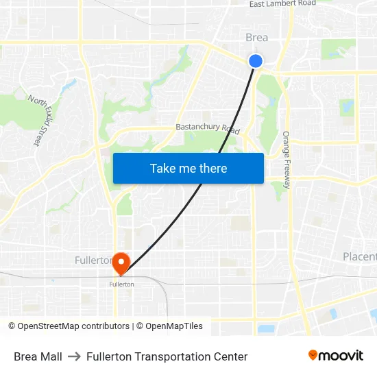Brea Mall to Fullerton Transportation Center map