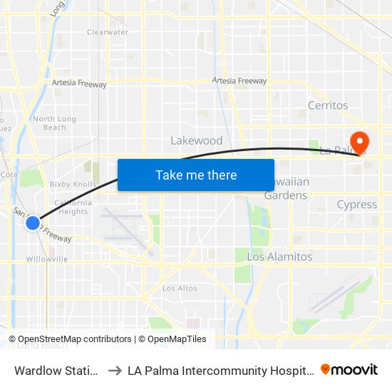 Wardlow Station to LA Palma Intercommunity Hospital map