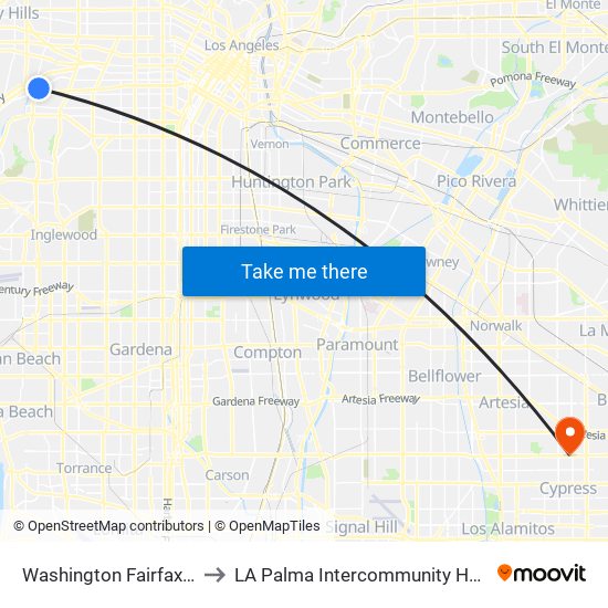 Washington Fairfax Hub to LA Palma Intercommunity Hospital map