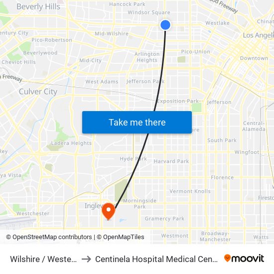 Wilshire / Western to Centinela Hospital Medical Center map