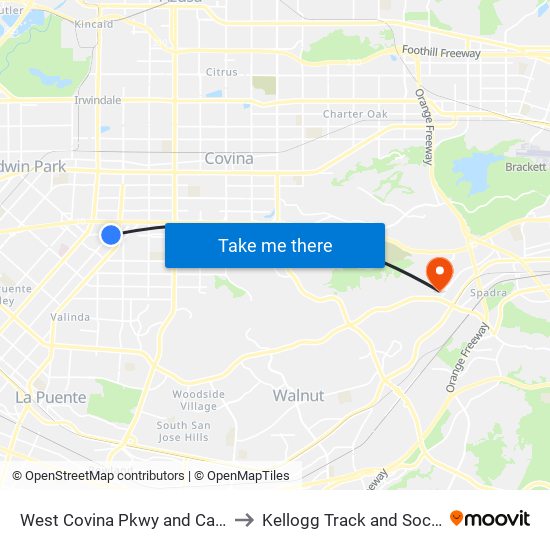 West Covina Pkwy and California Ave W to Kellogg Track and Soccer Stadium map