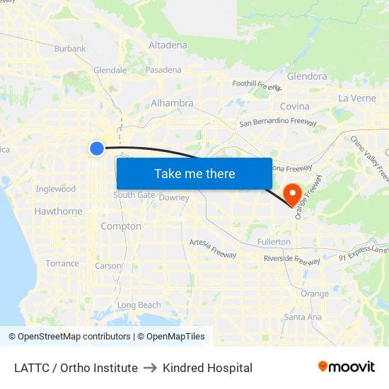 LATTC / Ortho Institute to Kindred Hospital map