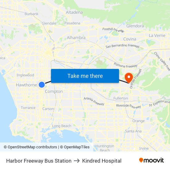 Harbor Freeway Bus Station to Kindred Hospital map