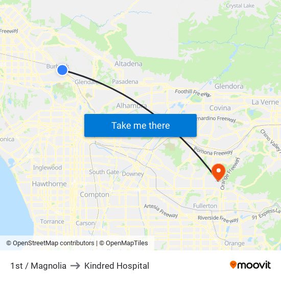 1st / Magnolia to Kindred Hospital map