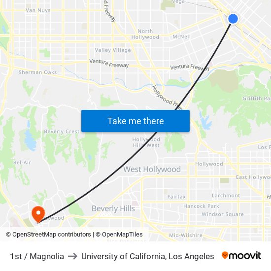 1st / Magnolia to University of California, Los Angeles map