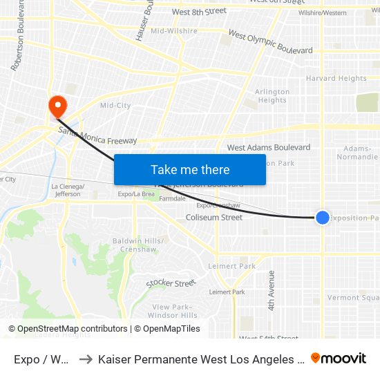 Expo / Western to Kaiser Permanente West Los Angeles Medical Center map