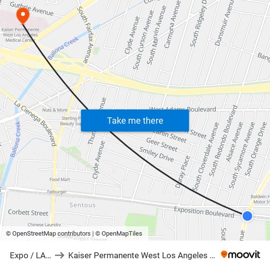 Expo / LA Brea to Kaiser Permanente West Los Angeles Medical Center map