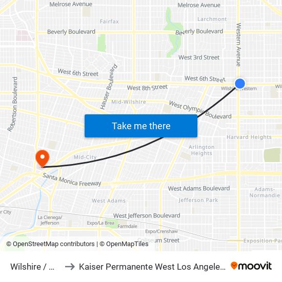 Wilshire / Western to Kaiser Permanente West Los Angeles Medical Center map