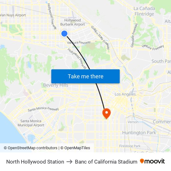 North Hollywood Station to Banc of California Stadium map