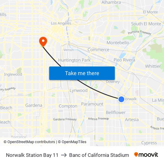 Norwalk Station Bay 11 to Banc of California Stadium map