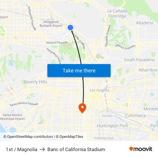 1st / Magnolia to Banc of California Stadium map