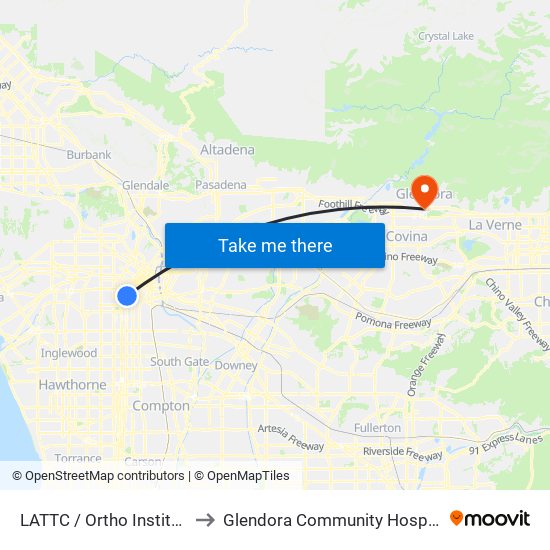 LATTC / Ortho Institute to Glendora Community Hospital map