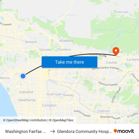 Washington Fairfax Hub to Glendora Community Hospital map