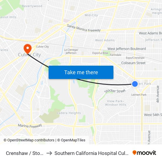 Crenshaw / Stocker to Southern California Hospital Culver City map