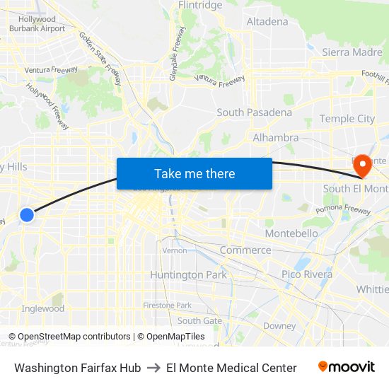 Washington Fairfax Hub to El Monte Medical Center map