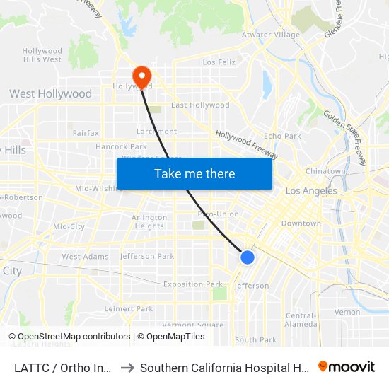 LATTC / Ortho Institute to Southern California Hospital Hollywood map