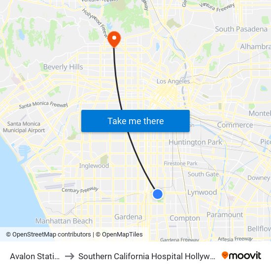 Avalon Station to Southern California Hospital Hollywood map