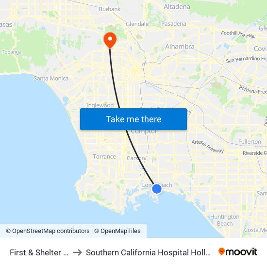 First & Shelter C N to Southern California Hospital Hollywood map